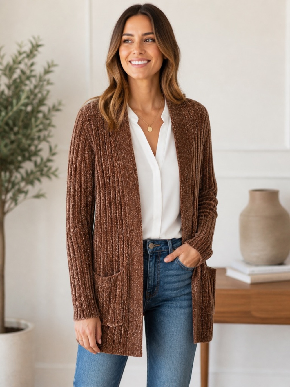 Matty M Brown Ribbed Chenille Open-Front Cardigan